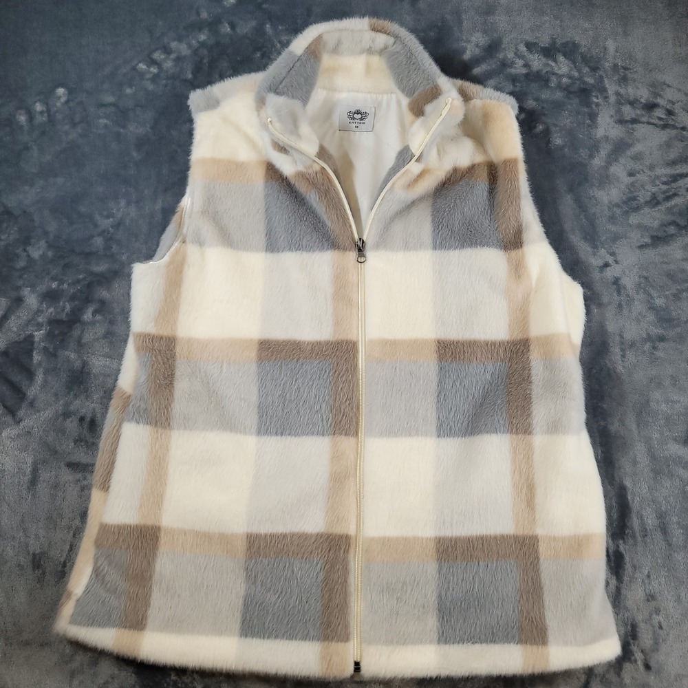 Katydid Fleece Faux Fur Vest Plaid Gray/Cream Soft Layering Medium